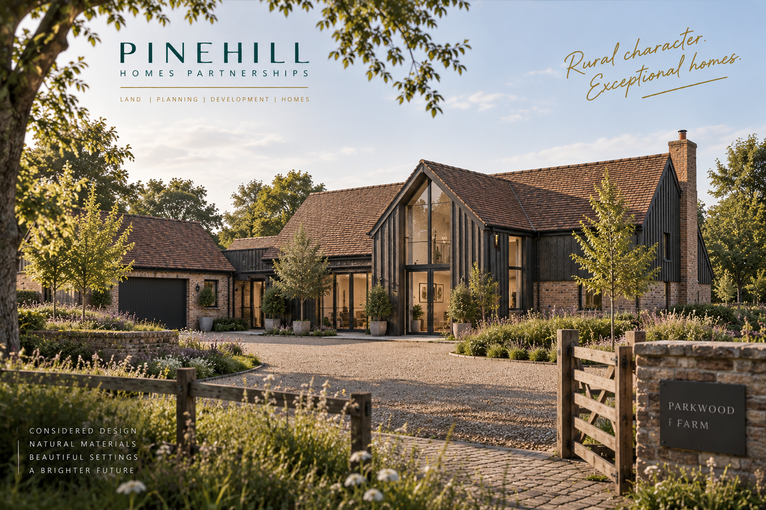 Concept for a site in Buckinghamshire: rural brick and timber home with barn-style glazing and a garage wing