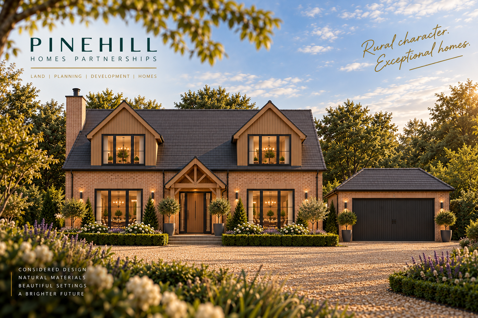 Plot 4 concept for a site in Surrey: one-and-a-half-storey country home with timber dormers, a porch and garage