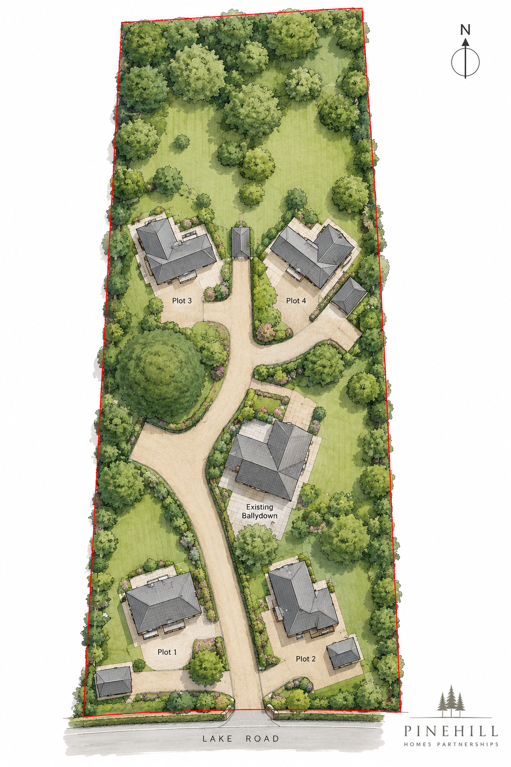 Illustrative concept layout for a site in Surrey, showing four custom-build plots, a retained home, shared access and landscaped grounds